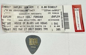 Billy Idol Stage Used Guitar Pick + Concert Ticket Stub 2017 House Of Blues
