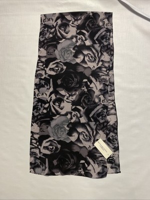 Vtg Casca Women's Silk Scarf  NWT Black And Gray Roses Rectangular