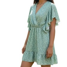 SHEIN Flounce Hem Mini Dress Sage Green Heart Print Short Sleeve Women's Large