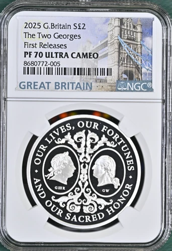2025 Great Britain The Two Georges 1 oz Silver Proof BOX COA First Rel NGC PF70