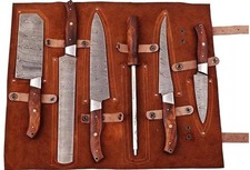Handmade 6 Damascus Steel BBQ Kitchen Chef  knife set with leather roll bag,