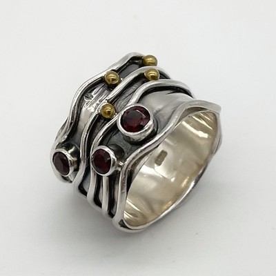 Handwerklich handgefertigter natürlicher Granat 925 Sterlingsilber 9 K Gold Akzent Ring Größe 6,5