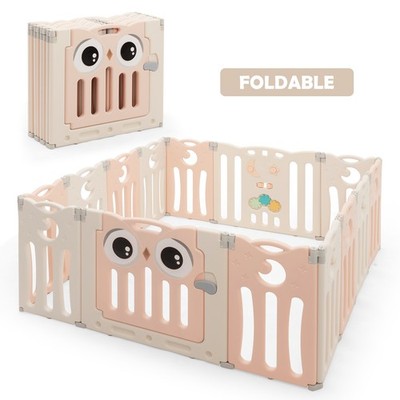 14-Panel Baby Playpen Kids Activity Center Foldable Play Yard w/ Lock Door Pink