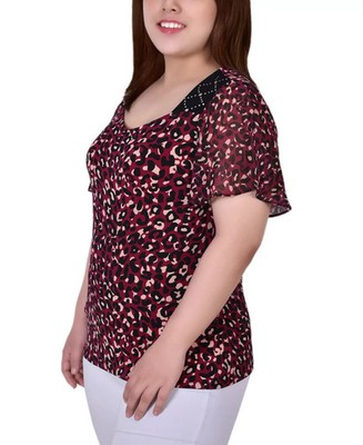 NY Collection Plus Size Flutter Sleeve Top Women's 2X Rhodo Embellished Pullover
