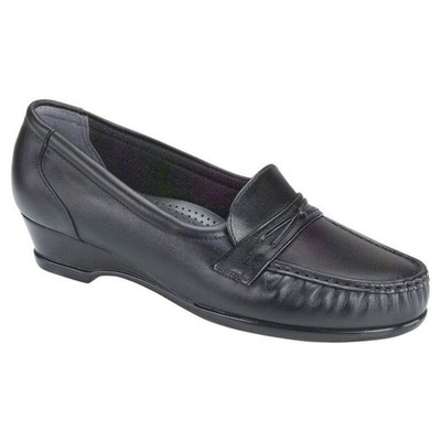 SAS Women's Black Comfort Slip On Loafer Tripad Wedge Heel Leather Size 6