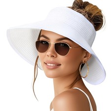 Sun Visor Hats for Women Wide Brim Ponytail Straw Beach Hat Packable Foldable...