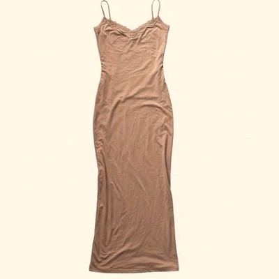 Skims Fits Everybody Size Large Tan Brown Lace Long Slip Maxi Dress BodyCon 
