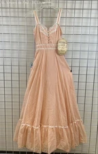 70's Vintage Gunne Sax Peach Swiss Dot Pearl Button Dress - Women's Size 3