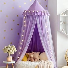 Bed Canopy with Star Lights, Double Layer Bed Canopy for Girls, Princess Purple