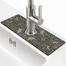 Boho Kitchen Sink Splash Guard Faucet Mat,Vintage Bird  Botanical Floral Far...
