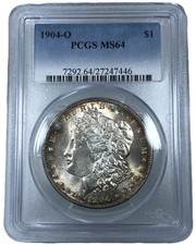 1904-O Morgan Dollar MS64 PCGS Silver $1 Coin, Edge-Toned ~ Blue Gradient Holder