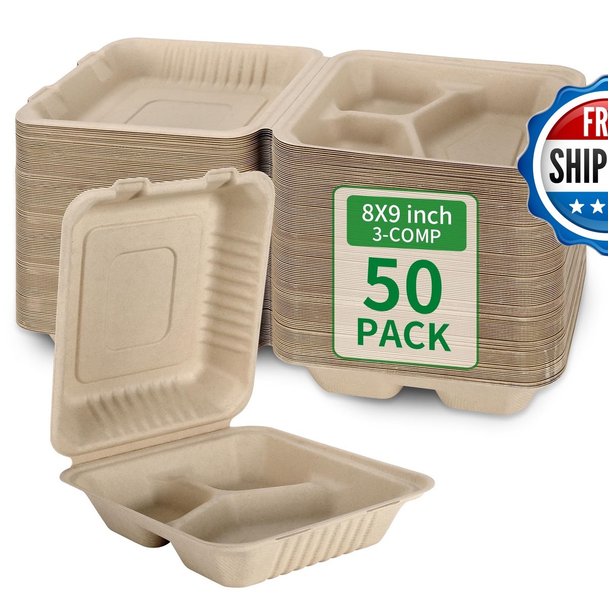 Aricsen 50 Pack 3 Compartment 8x9 Inch Take Out Food Containers