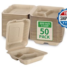 Aricsen 50 Pack 3 Compartment 8x9 Inch Take Out Food Containers