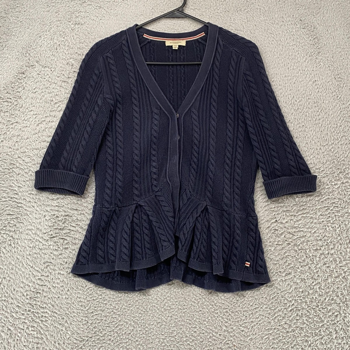 Burberry London Cardigan Sweater Womens M Navy Cable Knit Zip 