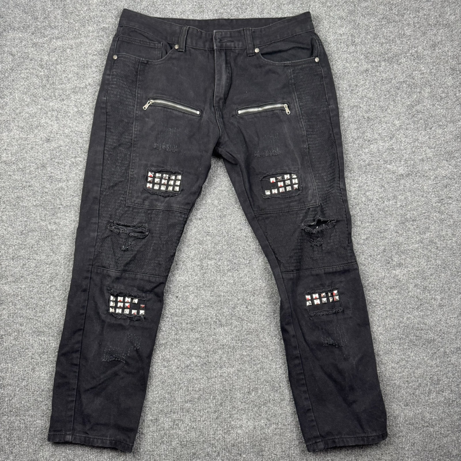 's Black Studded Moto Punk Jeans Distressed Biker Denim Size