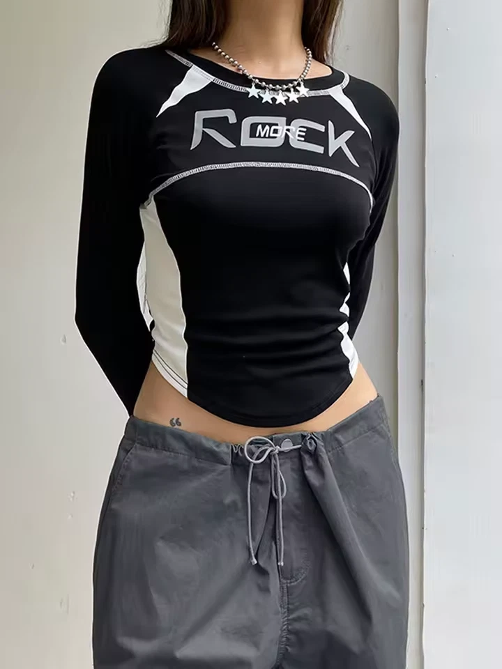 Camiseta para mujer con estampado de letras manga larga cuello redondo informal de gran tamaño gráfico  Foto 3 de 4