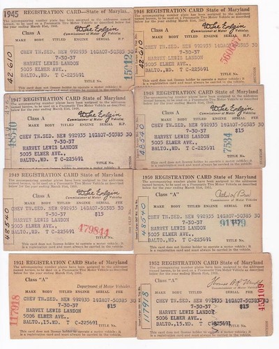 8 Maryland Car Registration Cards 1937 Chevy/1945-46-47-48-49-50-51