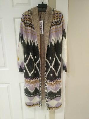 NWT MAXSPORT Hooded Long Cardigan in Charcoal/Lilac Sz L -$368