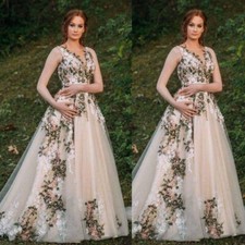 Vintage V Neck Wedding Dresses with 3D Flowers A Line Light Champagne Bridal Gow