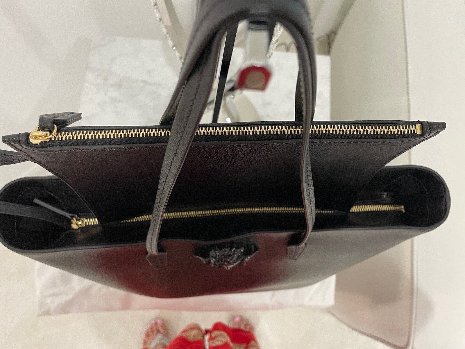 VERSACE Black Zipper Texture Leather Top Tote With Pouch /Black Medusa NWT! image 4