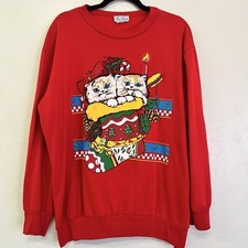 Vintage 80s Tee Dee Christmas Stocking Cat Sweatshirt Made in USA Sz L GVC