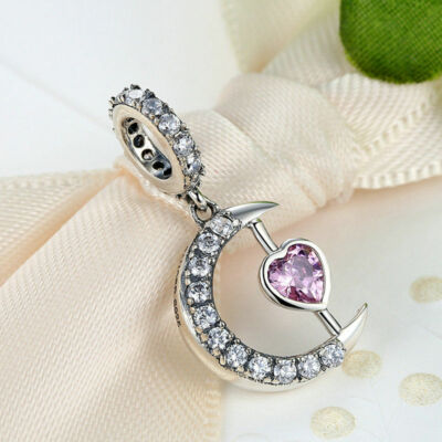 S925 Sterling Silver Charm Beautiful Heart Lock Key Horse Shoe Moon with Heart