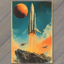 POSTCARD Rocket Launch Mars Sky Orange Flame Sci Fi Spaceship Flight Space