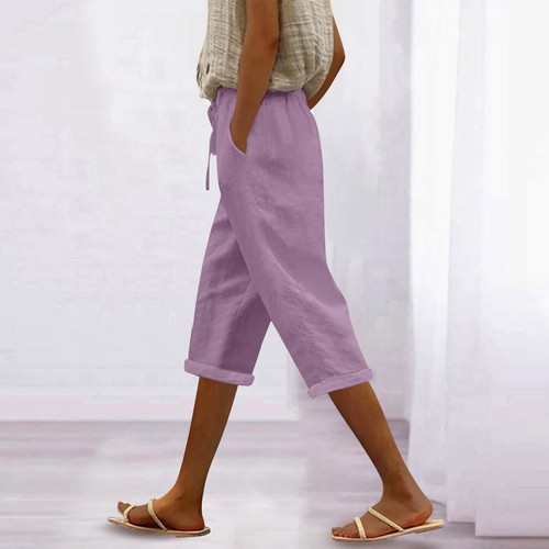 Women's Fashion Casual Loose Solid Colour Cotton Linen Drawstring 7/10 Pants - Picture 64 of 72