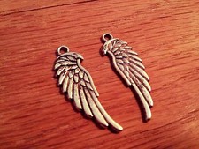 10 Angel Wing Charms Antiqued Silver Wing Pendants 2 Sided 34mm