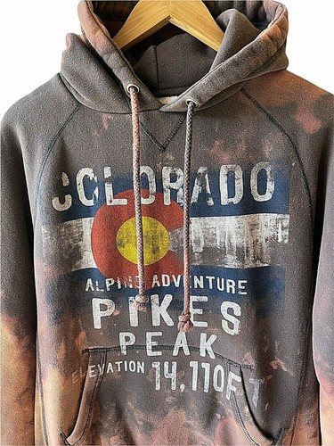 Blue 84 Size M Bleach Enhanced Distressed Hooded Sweatshirt Pikes Peek Graphic - Picture 2 of 5