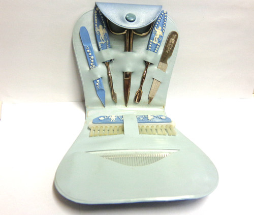 vintage manicure set sheffield England blue plastic holder 7pc set  cupid design