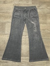 Y2K Juicy Couture Flare Velour Sweatpants Sz L Spellout Snap Pockets Vintage