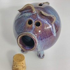 Handmade Ceramic Art Piggy Bank Pottery Adorable Pig Cork Stopper Nose READ...