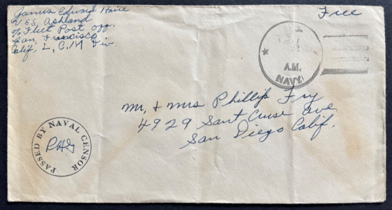 AtoZ. USS Ashland Dock Landing Ship WWII Censor Free to California