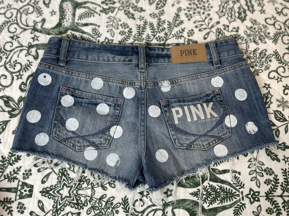 Pantalones Cortos Y2K Victoria's Secret ROSA Envejecidos Azul Rasgado Denim Lunares Talla 4 Foto 3 de 4