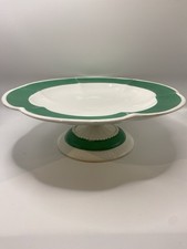 Antique Green Scalloped Cake Stand Pedestal Fruit Bowl Ceramic Tazza Cottagecore