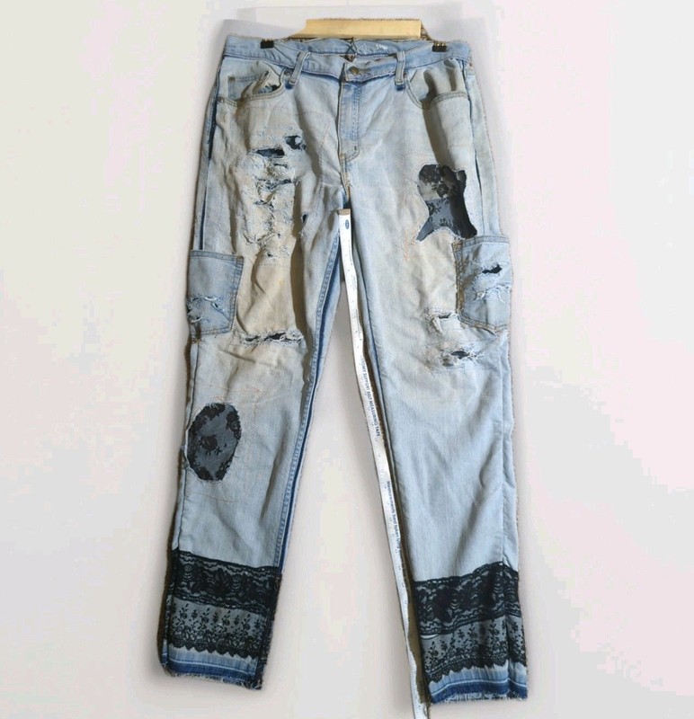 Distressed vintage Boro Pants Made In New York  Handmade Handwoven French Lace 