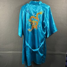 vintage asian golden dragon unisex satin kimono robe medium blue japanese
