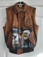 Vintage 90s California Hand Painted Leather Vest Signed Eagle Horse Art Rare