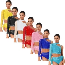 Womens Dancewear Belly Tops Recital Crop Top Ballet Latin Stage Sparkly Holiday