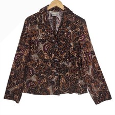 Requirements Womens Large Brown Paisley Button Front Jacket Stretch Career Boho