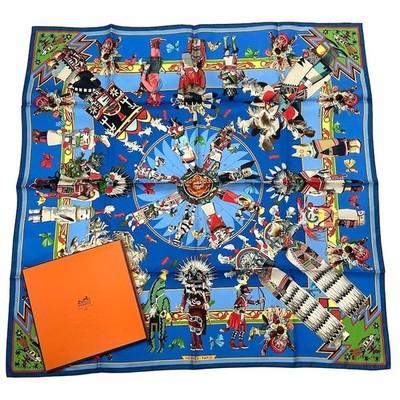 Hermes Scarf Kachinas Stole Hoppi Native American Blue Silk