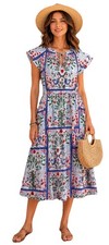 NWT LOFT Mermaid Garden Midi Dress Belt Tie Neck Tiered 100% Cotton Sz Petite S
