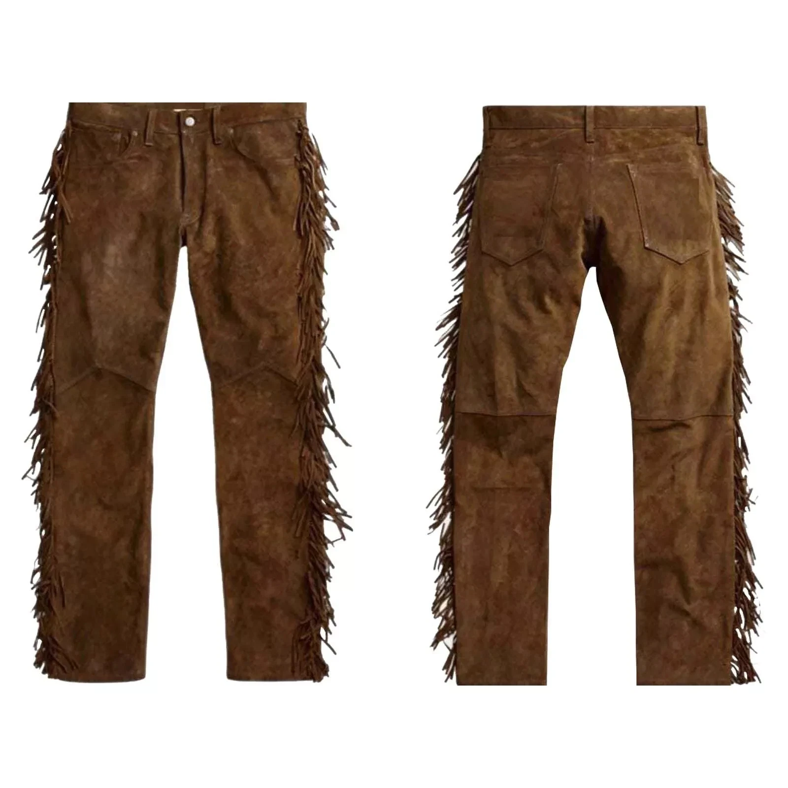 Men's Western Cowboy Genuine Suede Lambskin Leather Brown Fringe Pant