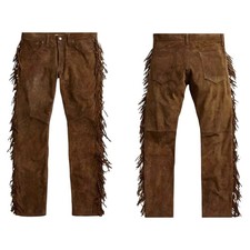 Men's Western Cowboy Genuine Suede Lambskin Leather Brown Fringe Pant