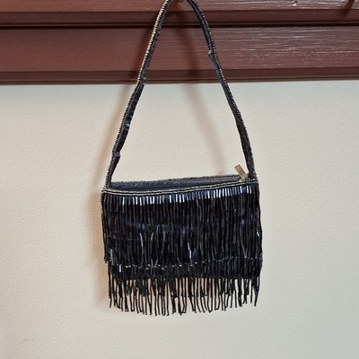 Black Beaded Fringe Shoulder Bag with Zip Closure, Party Cocktail, Small