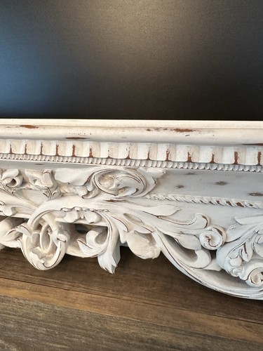 Farmhouse/French Country White Distressed Floating Carved Ornamental Wall Shelf - Picture 6 of 17