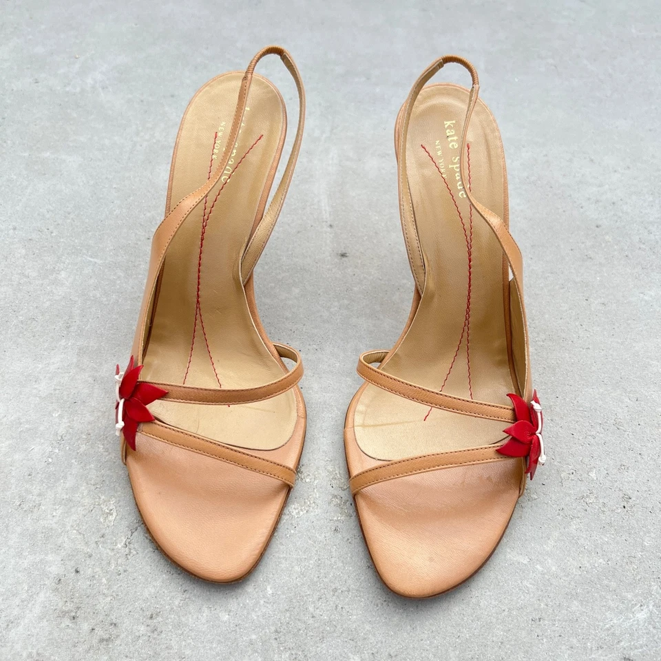 Kate Spade | Nude Leather Red Flower Dual Strap Open Toe Slingback Heels (9 1/2) - Image 2 of 4