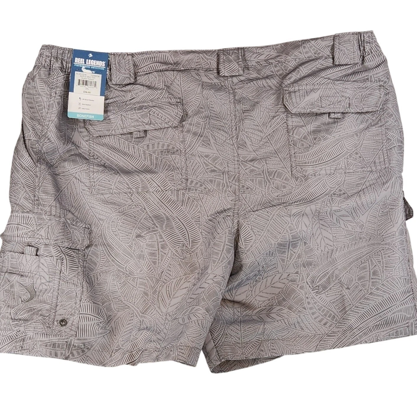 2XL Reel Legends Bonefish Dapple Gray Fish Frond Frenzy Utility Cargo Shorts 44