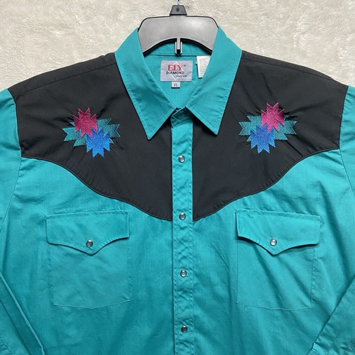 Vintage Ely Diamond Mens Button Shirt Size XL Blue Pearl Snap Cowboy Western - Picture 2 of 14